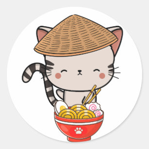 Adesivo Redondo Gato engraçado comendo macarrão