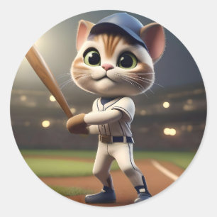 Adesivo Redondo Gato Engraçado De Beisebol Em 3D,