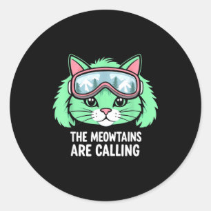 Adesivo Redondo Gato engraçado de esqui as montanhas-meow estão ch
