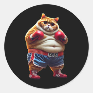 Adesivo Redondo Gato Engraçado De Treinamento Em Boxing Com Luvas