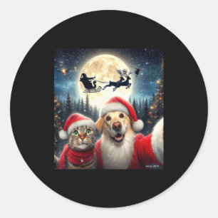 Adesivo Redondo Gato Engraçado E Cachorro Selfie Com Papai Noel Na