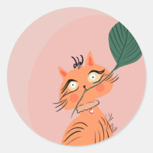 Adesivo Redondo Gato Engraçado Folha de Planta Cartoon