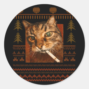 Adesivo Redondo Gato Engraçado Fumando Meme Natal Feio Para Homens