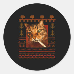 Adesivo Redondo Gato Engraçado Fumando Meme Natal Feio Para Homens