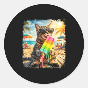 Adesivo Redondo Gato engraçado picolé verão animal óculos de sol m