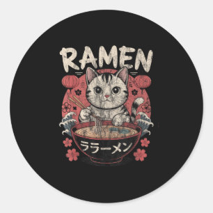 Adesivo Redondo Gato Engraçado Ramen Graphic Tee Japonês Anime Kaw