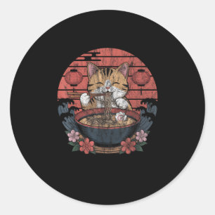 Adesivo Redondo Gato Engraçado Ramen Graphic Tee Japonês Anime Kaw