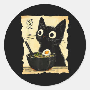Adesivo Redondo Gato Engraçado Ramen Graphic Tee Japonês Anime Kaw