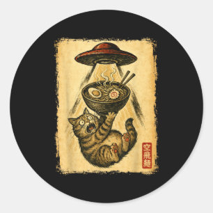 Adesivo Redondo Gato Engraçado Ramen Ufo Para Homens Mulheres Adol