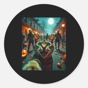 Adesivo Redondo Gato Engraçado Selfie Dia das Bruxas Zumbis Humor 