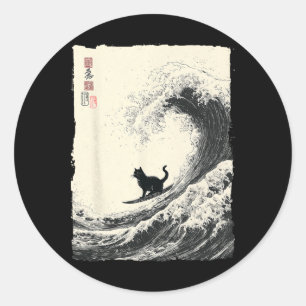 Adesivo Redondo Gato Engraçado Surfando A Grande Onda Japonês Ukiy