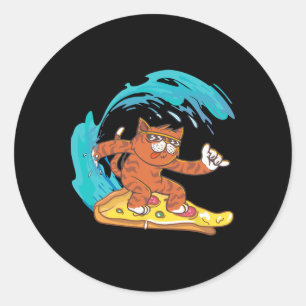 Adesivo Redondo Gato engraçado surfando em uma fatia de pizza