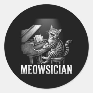 Adesivo Redondo Gato Engraçado Tocando Música de Piano Trocadilho