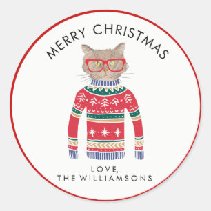 Adesivo Redondo Gato Engraçado Vestindo doce de Natal