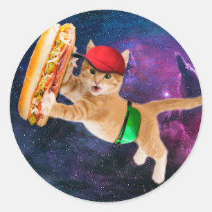 Adesivo Redondo Gato espacial com bonés e pacote de fanny