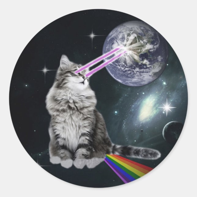 Adesivo Redondo Gato espacial com lasers de olhos e arco-íris (Frente)