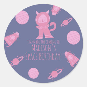Adesivo Redondo Gato Espacial Rosa Roxo Galáxia Aniversário 