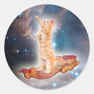 Adesivo Redondo Gato espacial surfando no bacon