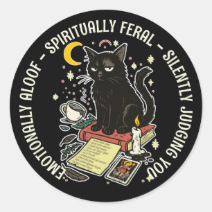 Adesivo Redondo Gato Espiritualmente Feral: Aloof Emocionalmente,