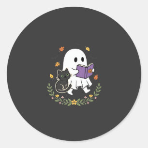 Adesivo Redondo Gato Fantasma de Halloween Lendo Livro Floral Desi