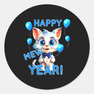 Adesivo Redondo Gato Feliz Ano Novo Miau Ano Novo Festa Engraçada 