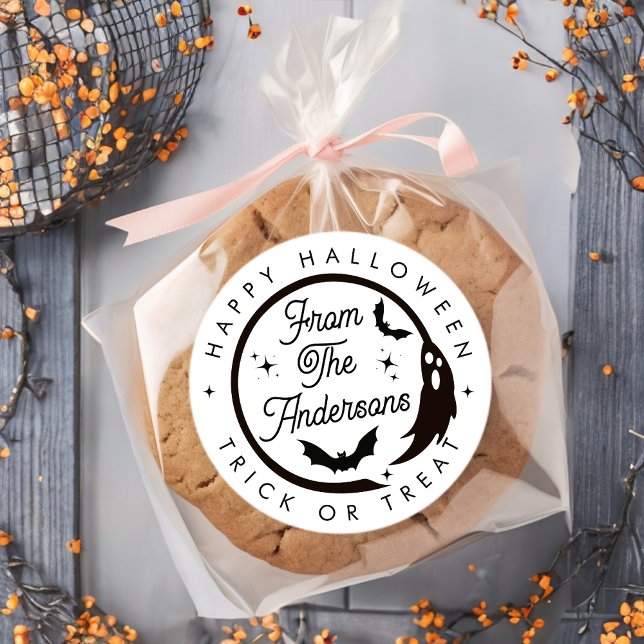 Adesivo Redondo Gato Feliz de Halloween ou Trate Ghost Bats (Criador carregado)