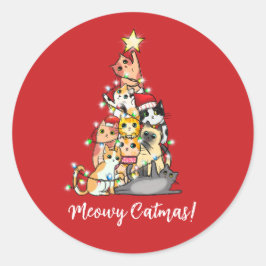 Adesivo Redondo Gato Feliz Natalino Gatos Árvore de Natal