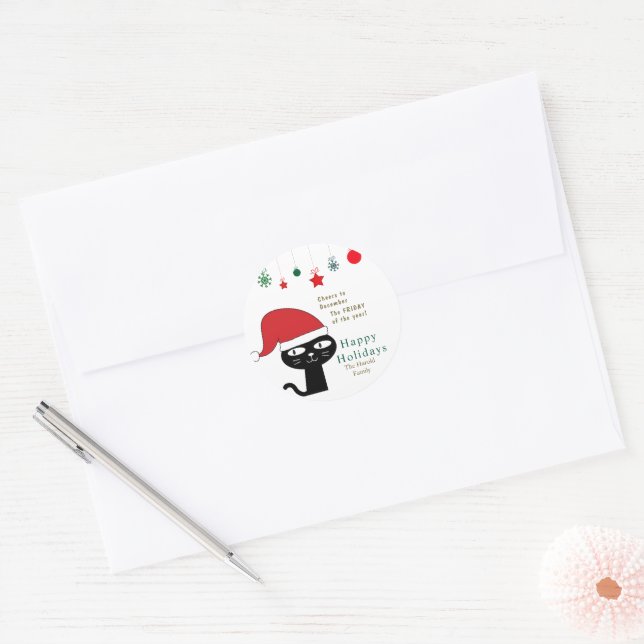 Adesivo Redondo Gato festivo bonito com moderno Red Santa Hat (Envelope)