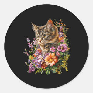 Adesivo Redondo Gato flor floral fofo gráfico de gatinho