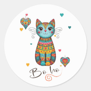 Adesivo Redondo Gato Floral Colorido de Boho