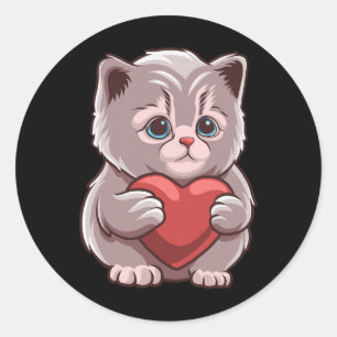 Adesivo Redondo Gato Fofo Abraçando Coração de Valentine Amor de G