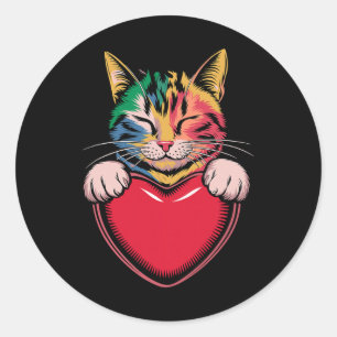 Adesivo Redondo Gato Fofo Abraçando Coração de Valentino Gatinho A