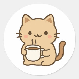 Adesivo Redondo Gato Fofo de Café Kawaii Design Aconchegante