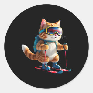 Adesivo Redondo Gato Fofo de Esqui Presente Divertido de Esportes