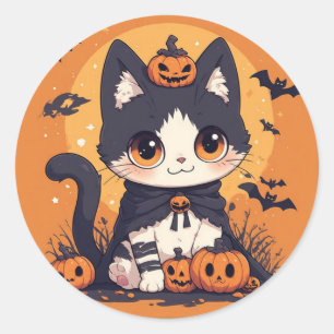 Adesivo Redondo Gato Fofo de Halloween com Abóboras e Morcegos