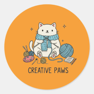 Adesivo Redondo Gato Fofo de Tricô Fio Laranja Design de Papelaria