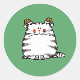 Adesivo Redondo Gato Fofo e Gorducho com Dois Chapéus de Natal