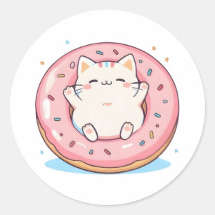 Adesivo Redondo Gato Fofo em Design Kawaii de Donut Doce