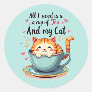 Adesivo Redondo Gato Fofo em Xícara de Chá Arte Kawaii Aconchegant