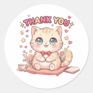 Adesivo Redondo Gato Fofo Kawaii Anime Chibi Obrigado