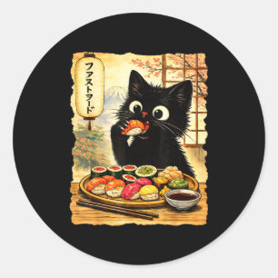 Adesivo Redondo Gato fofo preto comendo sushi comida japonesa kawa
