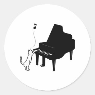 Adesivo Redondo Gato Fofo Tocando Piano Artista Divertido Música