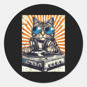 Adesivo Redondo Gato Fone de Ouvido Dj Tocador de Vinil Música Vin