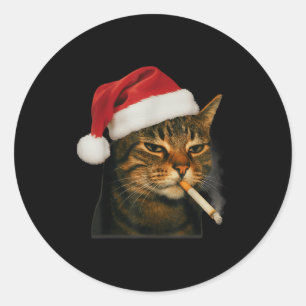 Adesivo Redondo Gato Fumando Cigarro Natal Chapéu de Papai Noel Ga