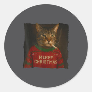 Adesivo Redondo Gato Fumando Cigarro Natal Chapéu de Papai Noel Ga