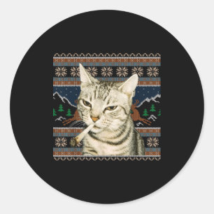Adesivo Redondo Gato Fumante Engraçado Meme Natal Suéter Feio Gato