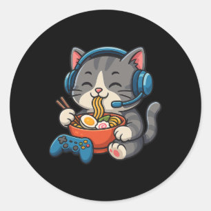 Adesivo Redondo Gato Gamer Comendo Ramen - Amante de Jogos de Cons