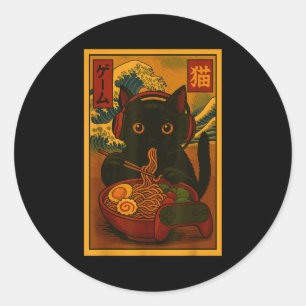 Adesivo Redondo Gato Gamer Comendo Ramen ao Estilo Japonês