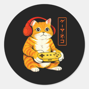 Adesivo Redondo Gato Gamer Japonês Presentes Engraçados de Jogos V
