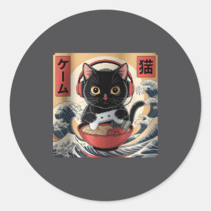 Adesivo Redondo Gato Gamer Kawaii Fofo Ramen Japonês Retrô Engraça